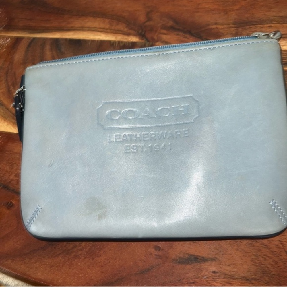 Coach Dusty Blue Gray Leather Zip Top Wristlet Clutch Est 1941 - Picture 1 of 7